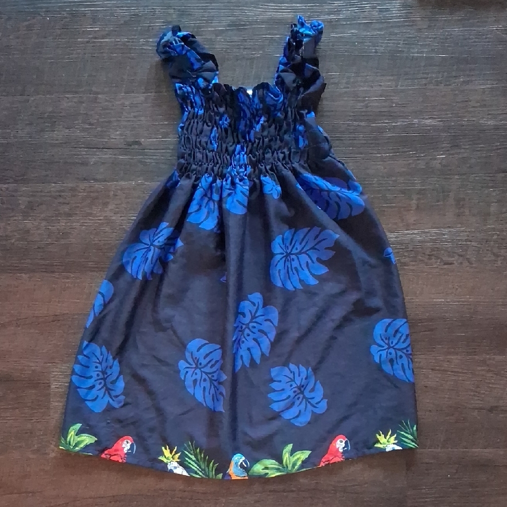 Blue Tropical Kids Dress with Parrot Print